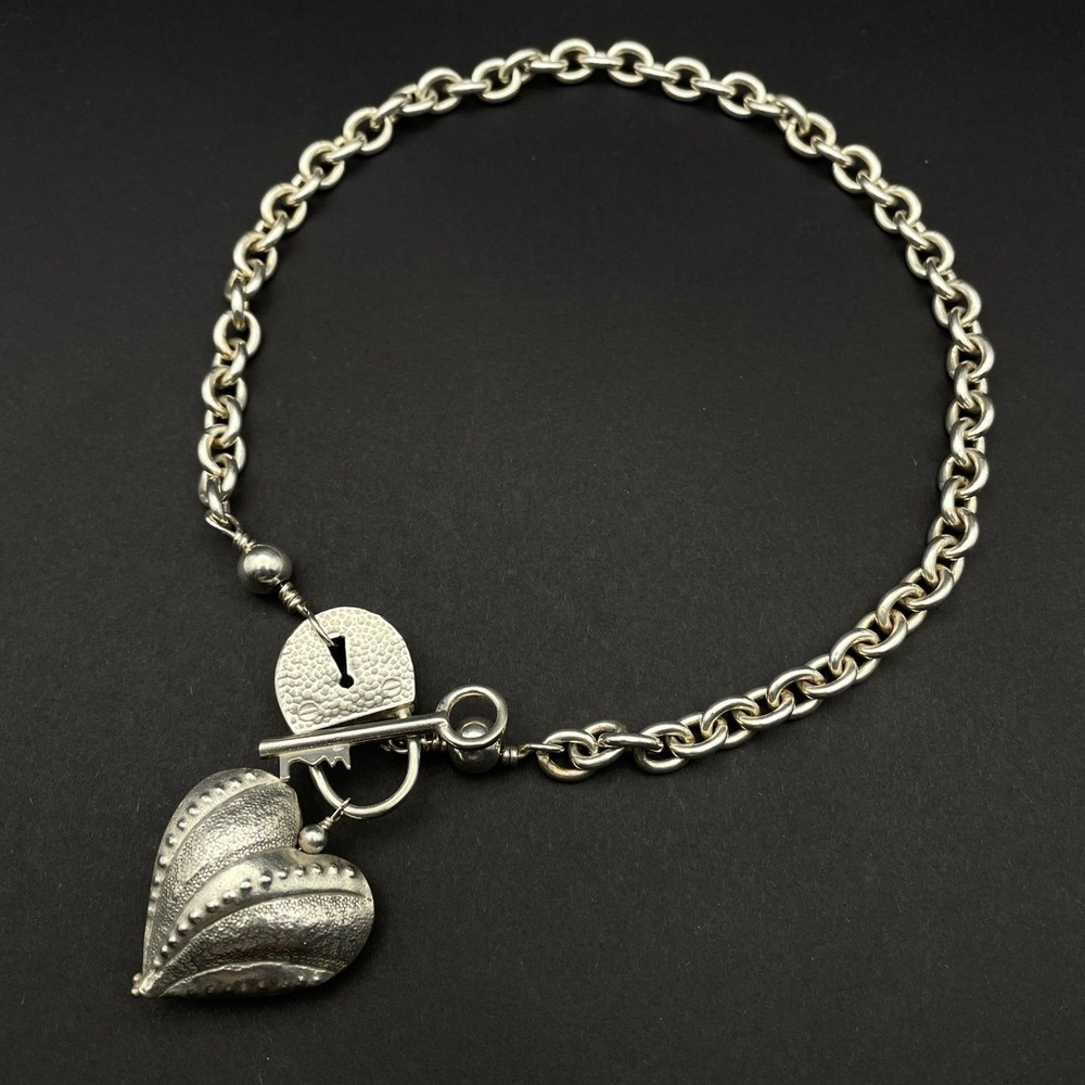 Chunky Sterling Silver Heart Lock Key Toggle Necklace Statement Jewelry - Picture 3 of 10